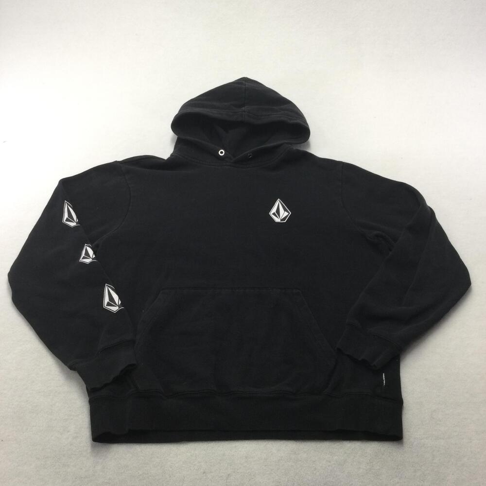 Volcom Hoodie Mens Large Black Fleece Pullover Sweatshirt Stone Logo Sleeve
